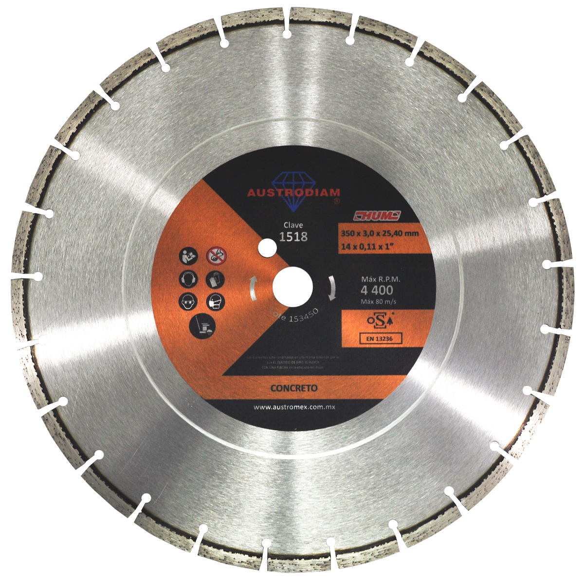 Disco de diamante de 350 x 3.0 x 25.4 mm para corte de concreto curado